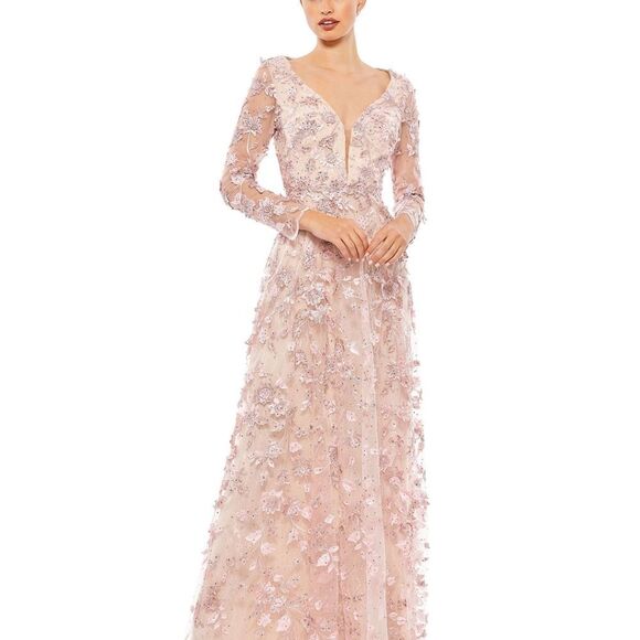 Mac Duggal FLORAL APPLIQUE LONG SLEEVE ILLUSION GOWNR $398 size 4 - Picture 3 of 7
